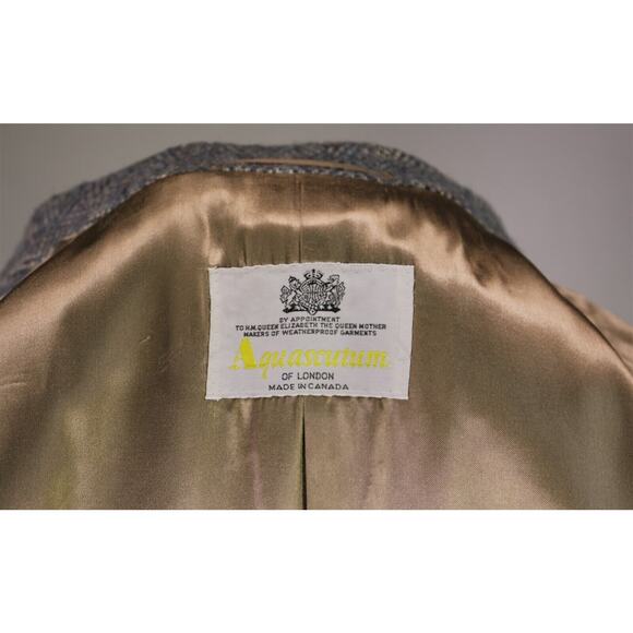 Aquascutum 1980's Blue-Gray Herringbone Tweed Heavy Full Length Overcoat 42R - Picture 8 of 9